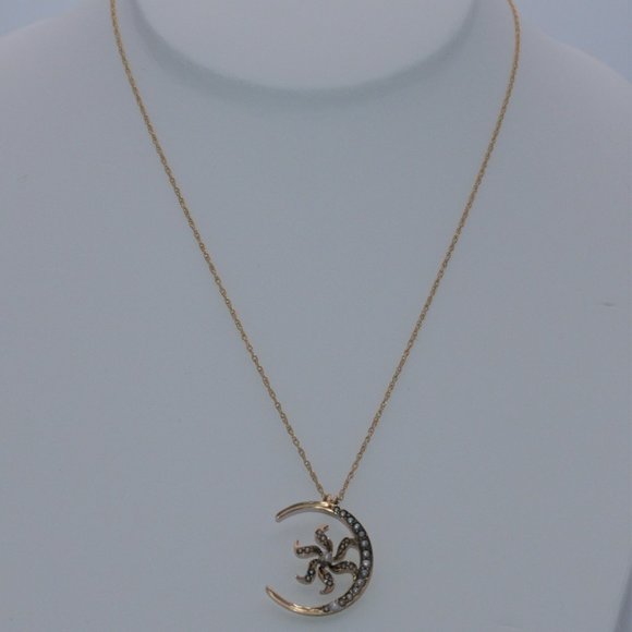 Victorian 14K YGold Cresent Moon Starburst Flower with Pearl and Seed Pearls - Picture 4 of 10